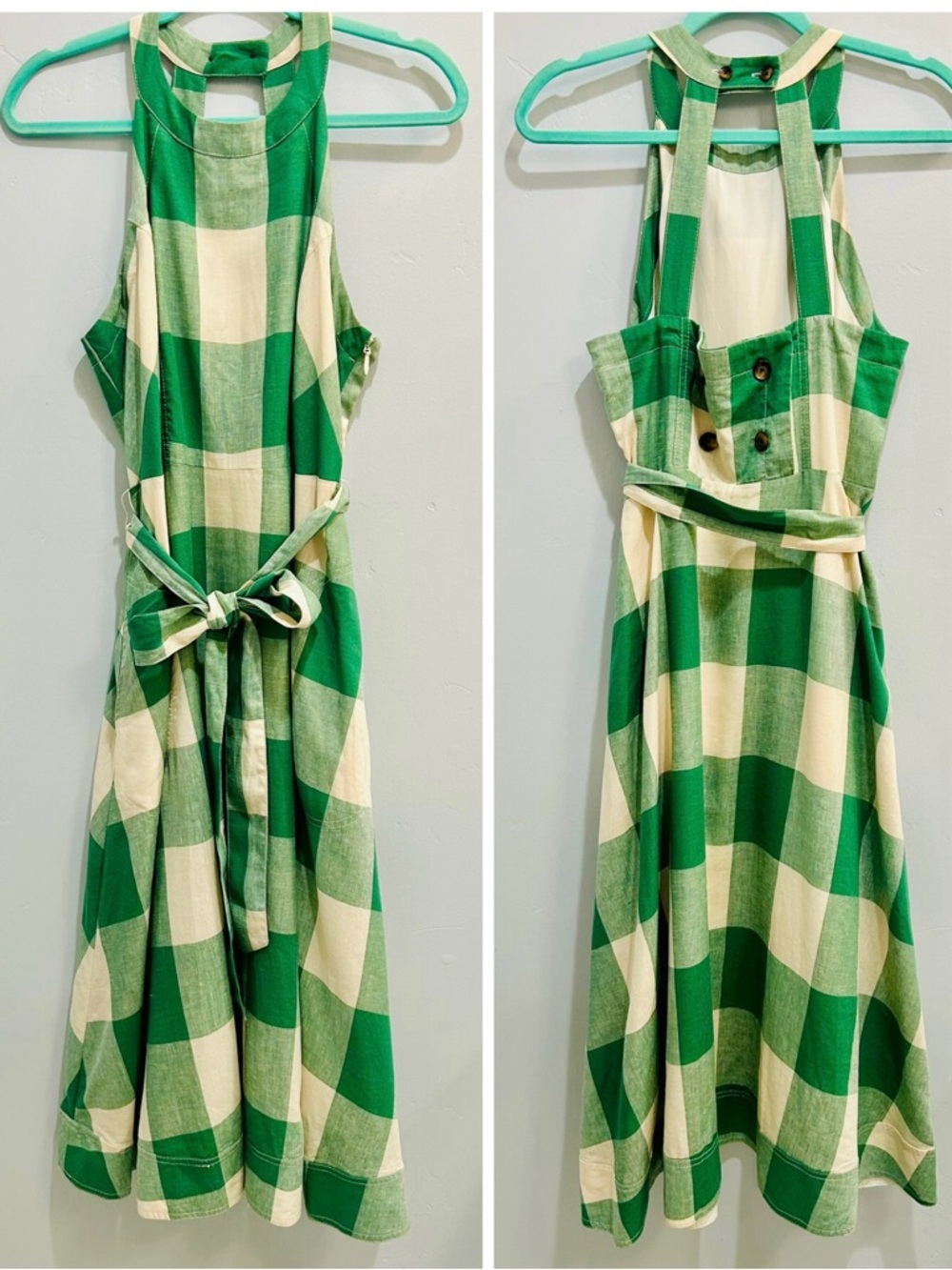 Anthropologie Maeve Greta Gingham Halter Midi Dress Green White Check NWOT 12 - Picture 3 of 16
